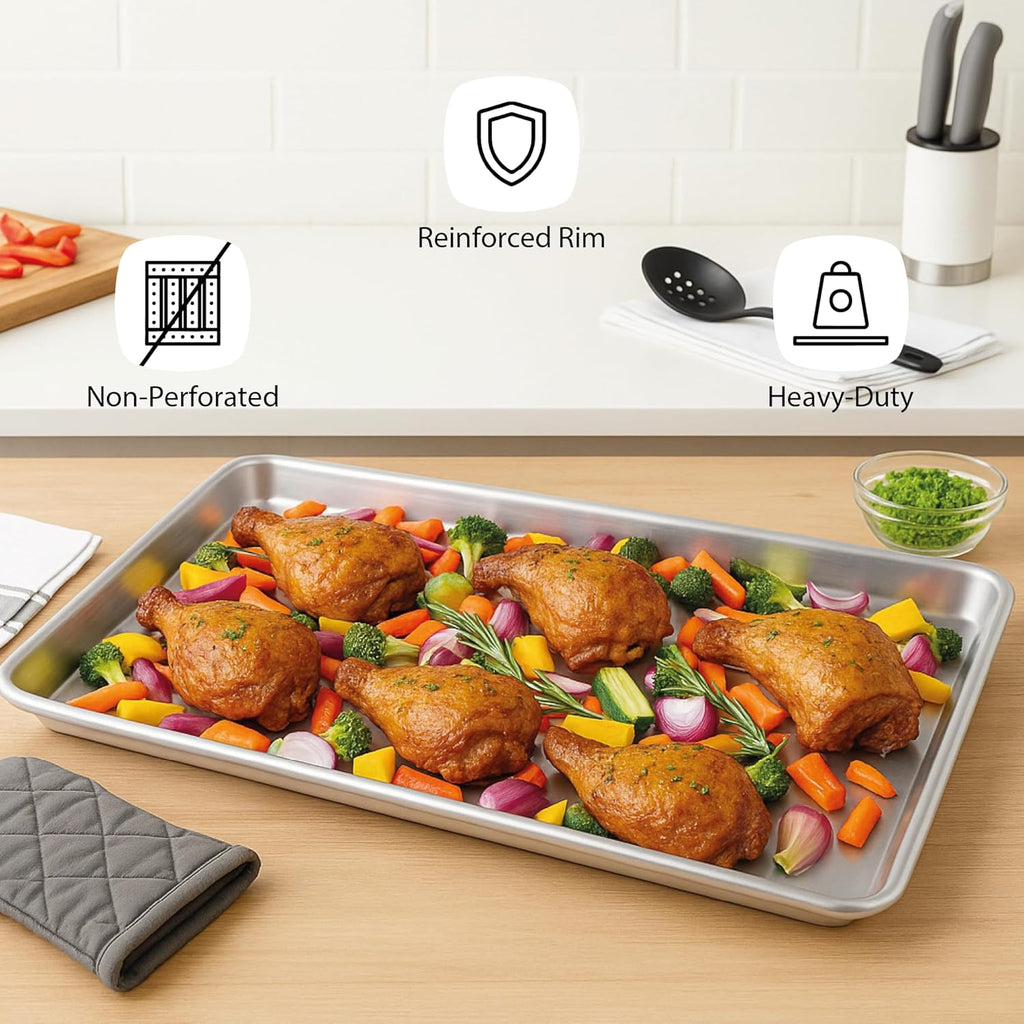 Restaurantware Met Lux Heavy-Duty 26 x 18 Inch Aluminum Baking Pan - Rimmed Edges, Dishwasher Safe, Endures Up to 392°F