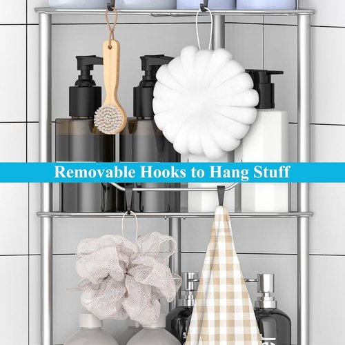 HuggieGems Corner Shower Caddy Organizer - 4 Tier Floor Standing Shelf with Hooks | Gray Bathroom Storage