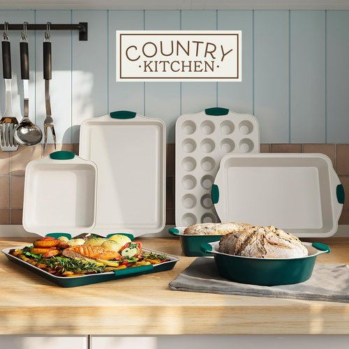 Country Kitchen Nonstick Bakeware Set - Durable & Easy Release, Sage Color, 10 Pieces