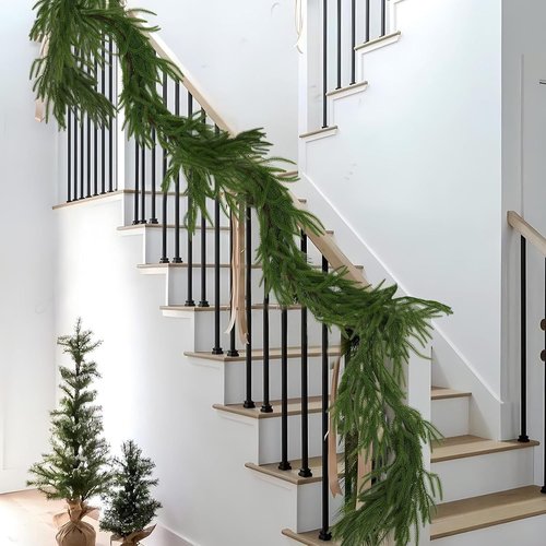 2PCS 6FT Christmas Norfolk Pine Garland, Real Touch Artificial Greenery Garland for Table, Mantle, Wall, Indoor, Outdoor Holiday Decorations