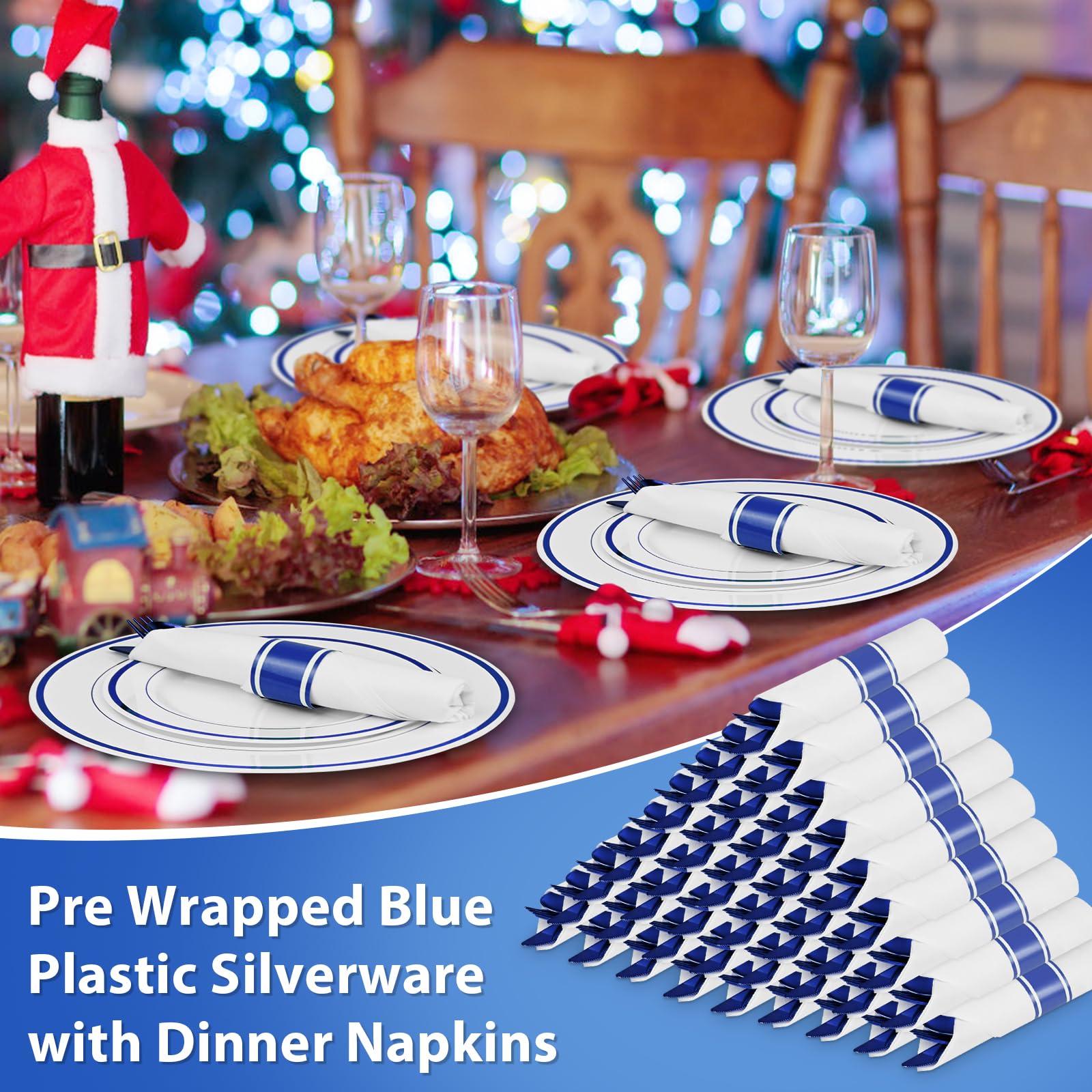100Pack Blue Pre Rolled Plastic Silverware - Wrapped Blue Rolled Cutlery with Napkins, Heavy Duty Prerolled Plastic Silverware Set, Disposable Utensils with Dinner Napkins for Party