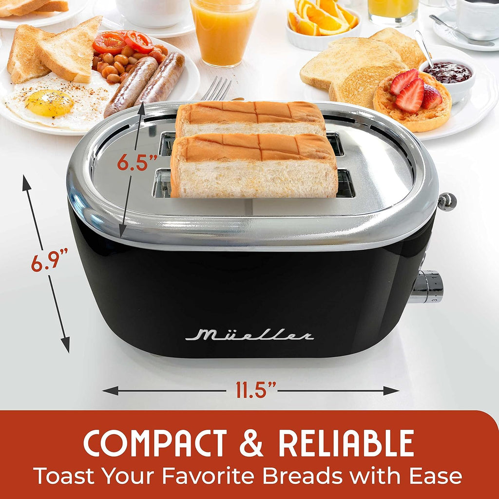 MUELLER HOME Retro Toaster - 2 Slice with 7 Browning Levels & 3 Functions | Stainless Steel, Black