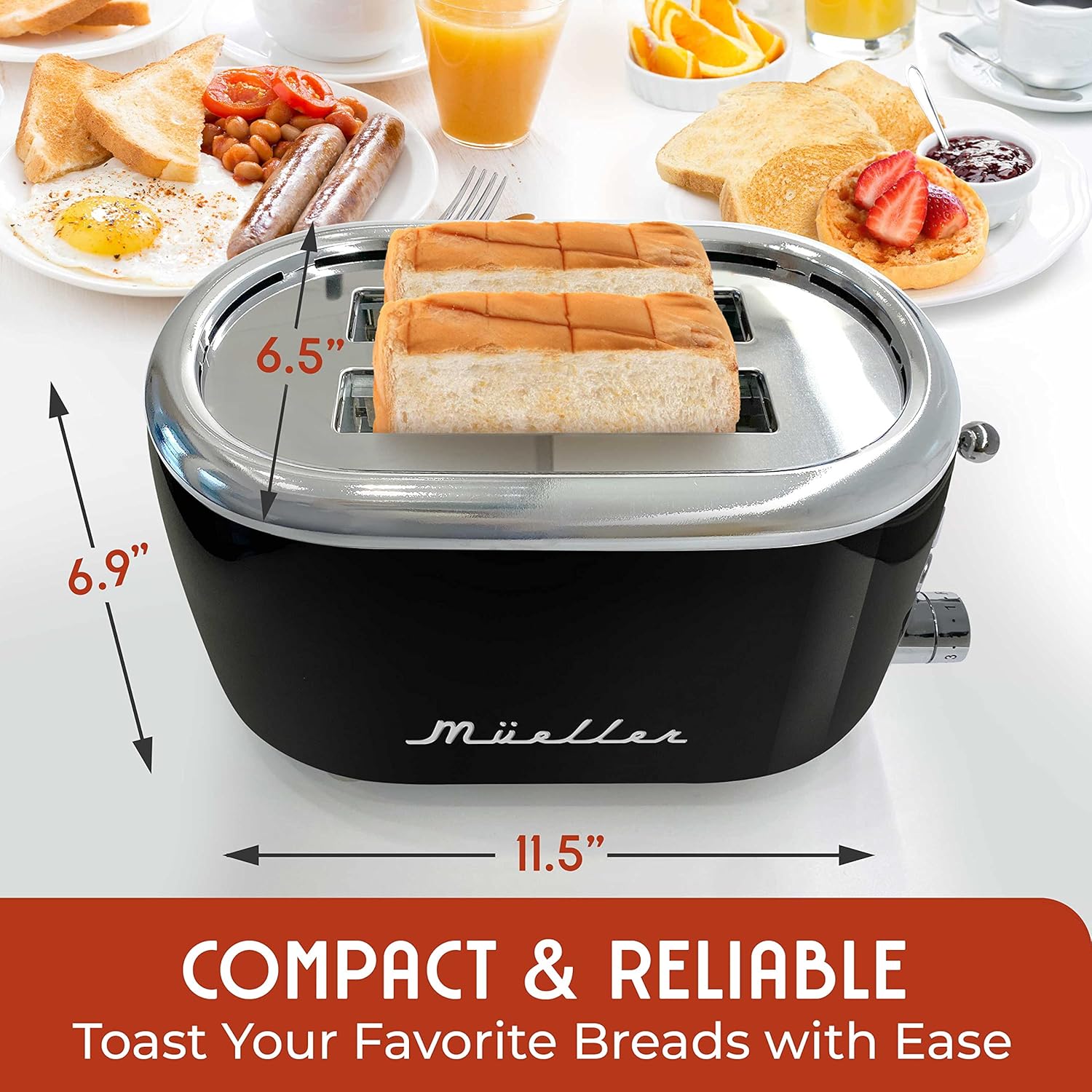 MUELLER HOME Retro Toaster - 2 Slice with 7 Browning Levels & 3 Functions | Stainless Steel, Black