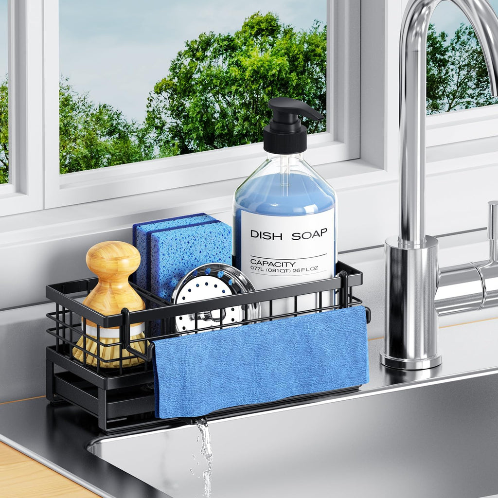 Rustproof Kitchen Sink Sponge Holder by [Brand Name] - Non-Slip Self-Draining Metal Caddy with Detachable Dish Cloth Holder (Black)