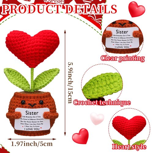 Wavwavw Valentine Galentine's Day Gifts for Sister Handmade Crochet Doll with Card Crochet Present for Sisters Sis Big Little Sister Birthday Wedding Home Decor(Valentine Heart)