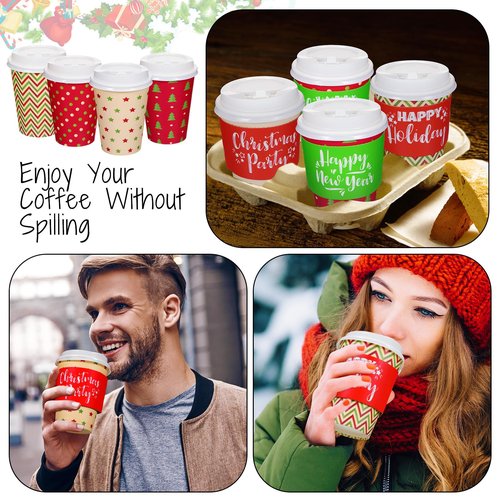 Zhehao 160 Sets/ 480 Pcs Disposable Coffee Cups Christmas Paper Cups with Lids and Sleeves for Cold Drink Tea Hot Cocoa Chocolate Holiday Xmas Party Supplies, 4 Designs(Classic Style, 12 oz)