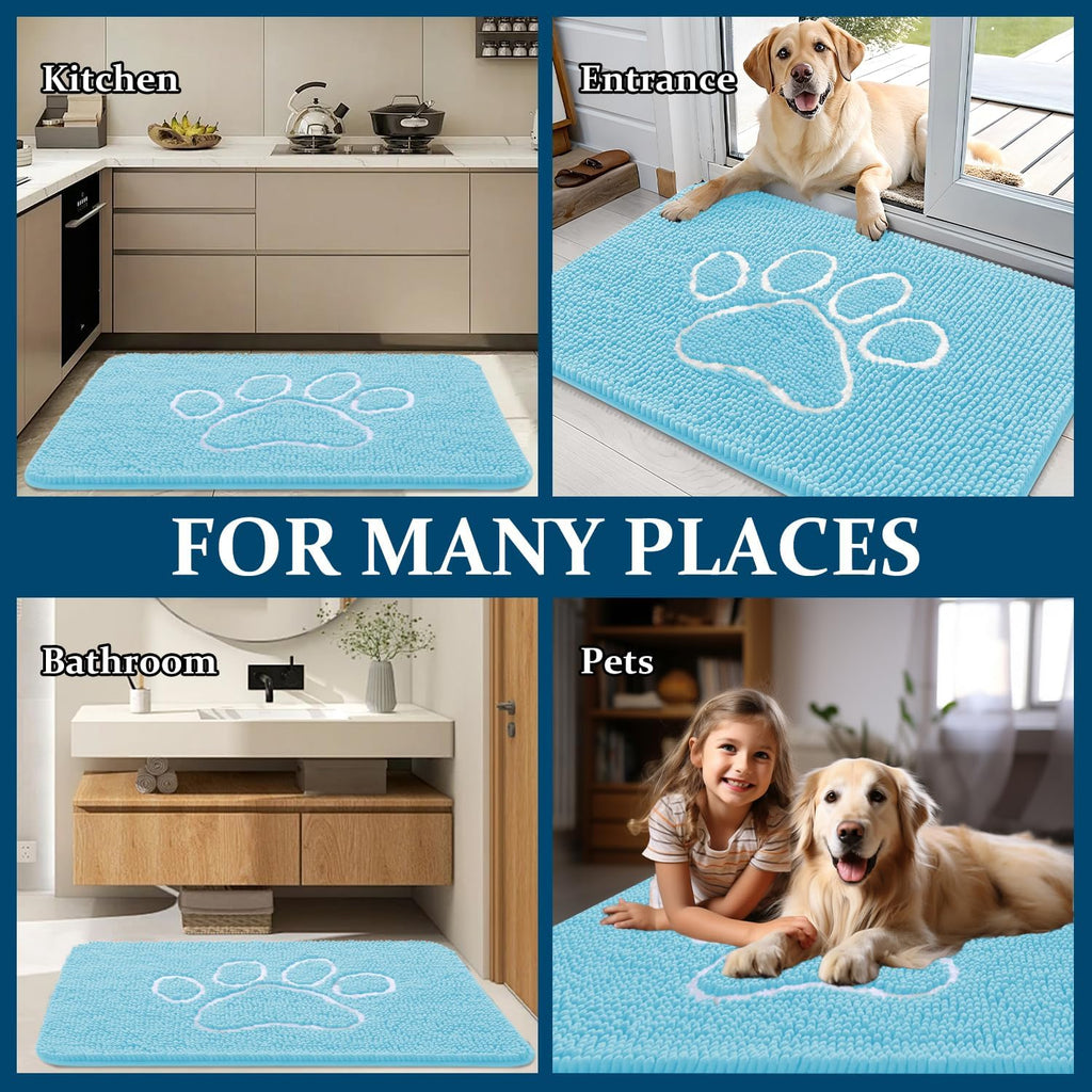 OLANLY Dog Door Mat - Absorbent Non-Slip Mud Mat for Paws | 59x35 Inches, Blue Chenille Design
