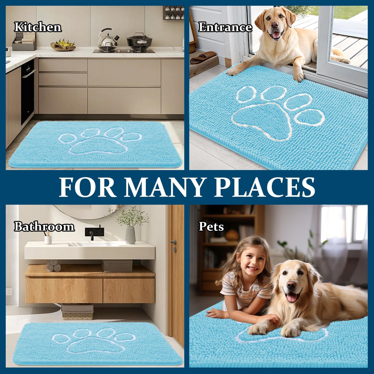 OLANLY Dog Door Mat - Absorbent Non-Slip Mud Mat for Paws | 59x35 Inches, Blue Chenille Design