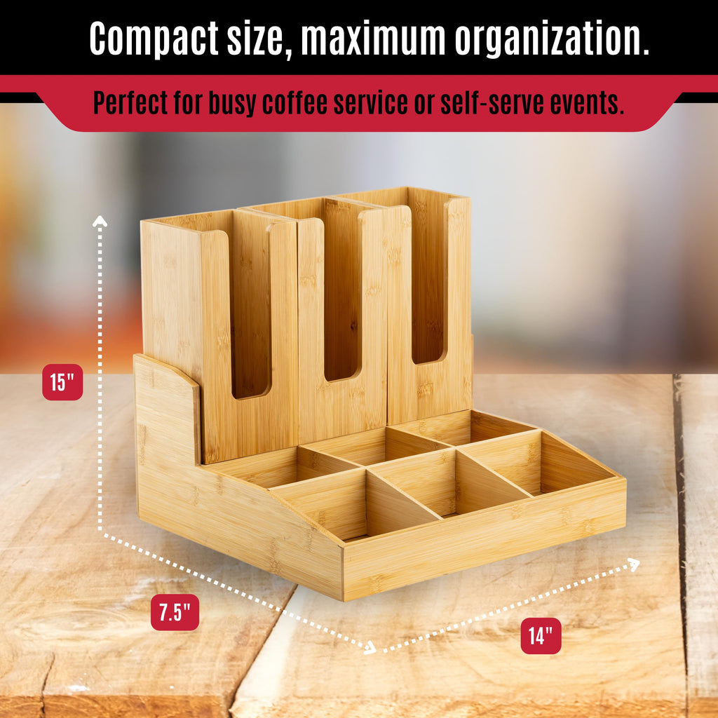 TableCraft 12689 Coffee Condiment Organizer, 9 Compartments with 3 Removable Cup/Lid Holders, Bamboo Wood, Ideal for Cafes, Breakfast Buffets, and Restaurants