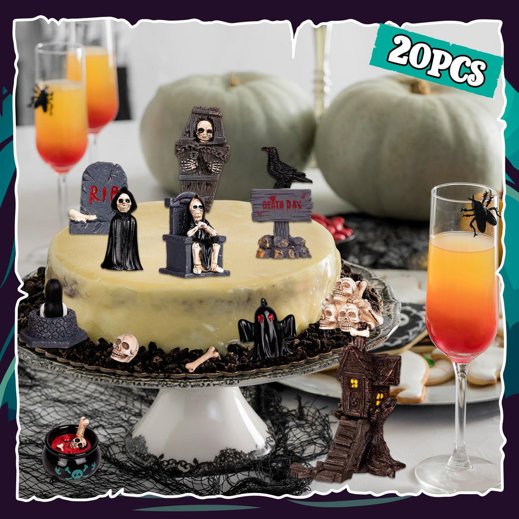 Skiennix 19-Piece Halloween Mini Figurines Set - Resin Skull Heads, Crow & Tombstone Ornaments for Home Decor