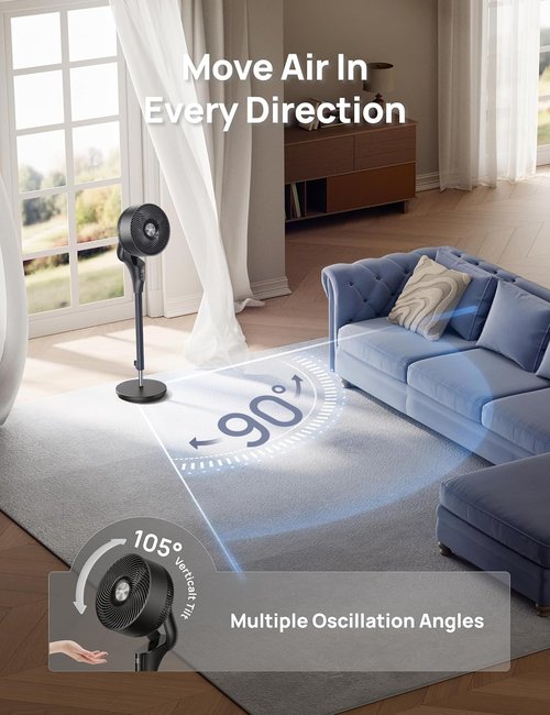 DREO 2026 Upgraded Oscillating Fan - 90ft Airflow, 20dB Quiet Operation, Adjustable Height 38-42''