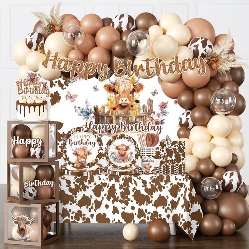cocomigo 300 PCS Highland Cow Birthday Decorations, All-in-One Party Pack with Backdrop, Balloon, Plates and Napkins, for Highland Cow Themed Birthday Party, Serves 25 Guests