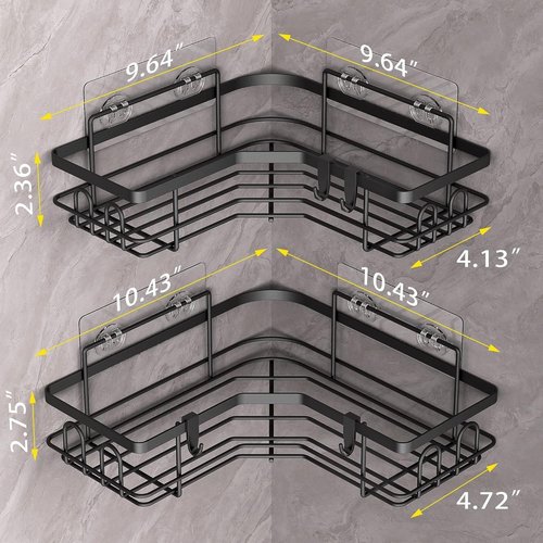 HuggieGems Corner Shower Caddy Organizer - 2 Pack Black Bathroom Shelves with Hooks for Storage