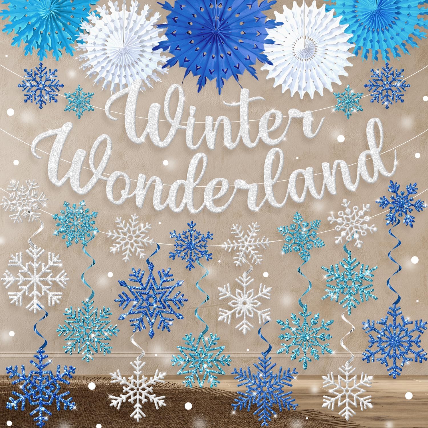 Winter Wonderland Decorations - Blue Glitter Banner & Snowflake Ornaments for Festive Indoor Decor