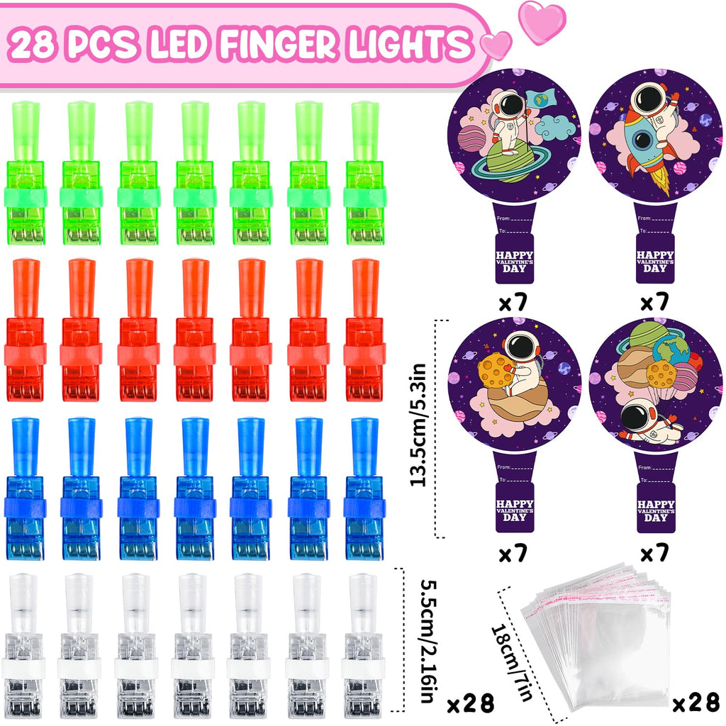 MOVINPE Valentines Day Exchange Gifts for Kids Classroom, 28 Packs Finger Lights with Valentines Cards - Light Up Finger Flashlights Valentine Day Gifts School Party Favors Class Prizes Bulk Space