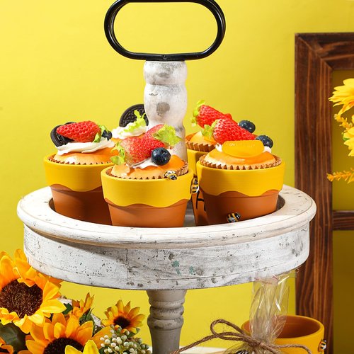 Leinuosen 12 Pcs Honey Bee Pot, 3 Inch Honey Jars for Cupcake, Planter, Bee Themed Party Favors for Baby Shower 1st Birthday Party Supplies and Wedding Gifts (Yellow and Brown)