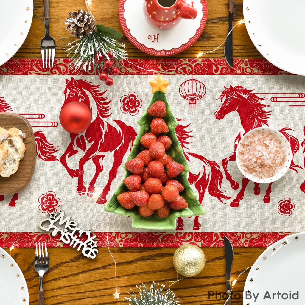 Artoid Mode Propitious Clouds Chinese Zodiac Horse Happy 2026 Lunar New Year Table Runner, Spring Festival Winter Kitchen Dining Table Decoration for Home Party 13x72 Inch
