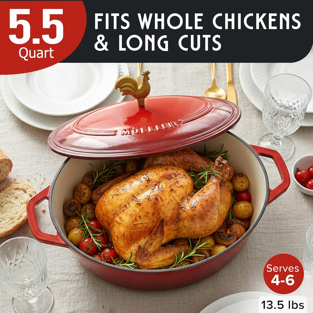 MUELLER HOME Enameled Cast Iron Dutch Oven - 5.5 Quart with Rooster Knob & Potholders, Oven-Safe to 500°F, Red