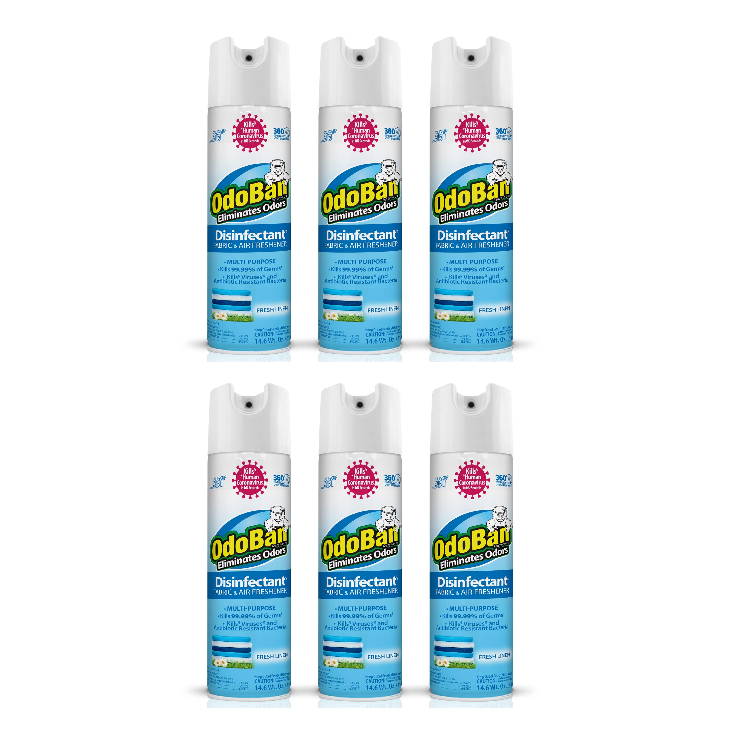 OdoBan Ready-to-Use 360-Degree Continuous Spray Disinfectant and Harsh Aroma Eliminator, Fabric and Air Freshener, 6 Pack, 14.6 Ounces Each, Fresh Linen Scent