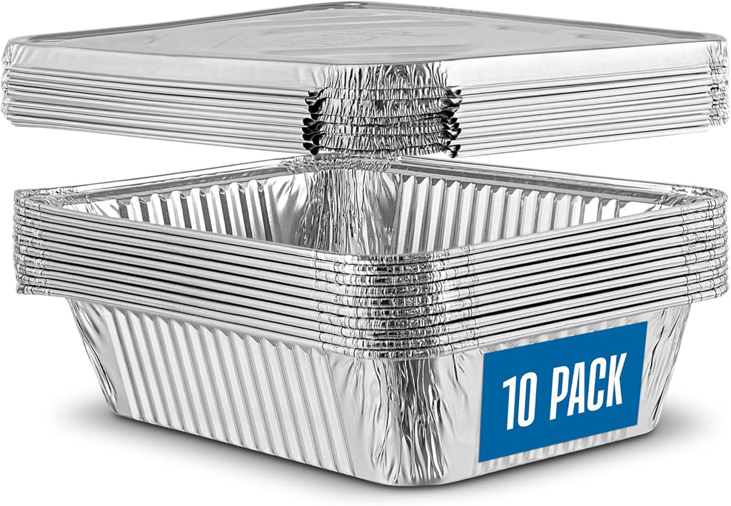 PlasticPro Aluminum Pans - Heavy Duty 2.25 lb Disposable Baking Pans with Covers | 10 Pack, 6.5'' x 9''