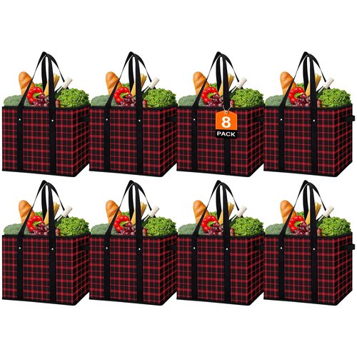 WISELIFE Reusable Grocery Bags 8 Pack,Large Grocery Tote Bag Water Resistant Shopping Bags Foldable Grocery Bag for Clothes,Shoes and Picnic,Red