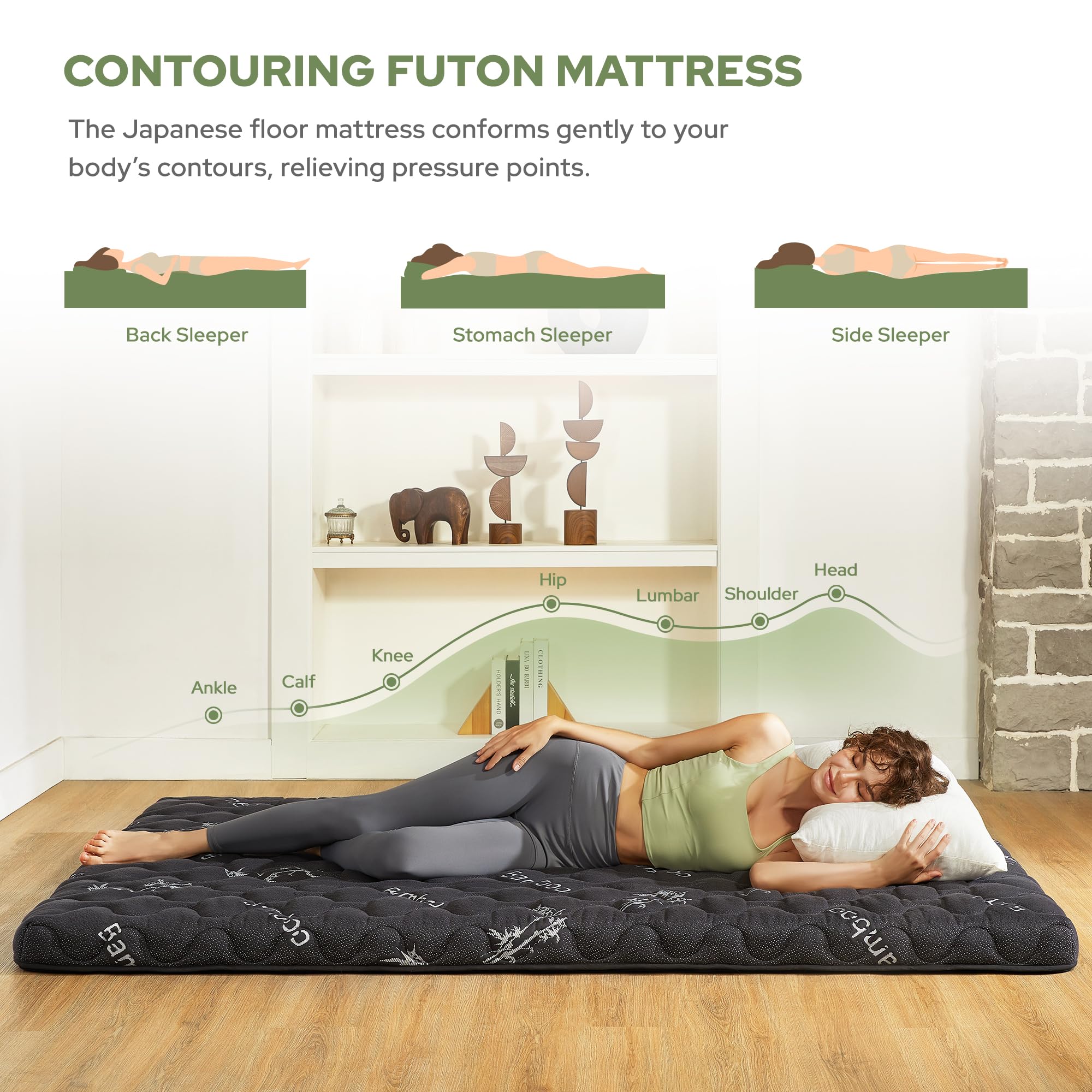 Japanese Floor Mattress Futon Mattress Queen Size Viscose Derived from Bamboo, 3" Thick Tatami Mat with High Density Foam, Foldable & Portable Floor Lounger Bed, Roll Up Sleeping Pad, Guest Room