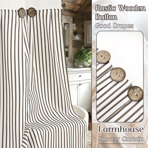 ASPMIZ Farmhouse Shower Curtain and Liner Set, No Hook Shower Curtain with Snap in Liner Fabric, Rustic Washable Waterproof Bathroom Curtains with Button, Mesh Top Window, Brown Striped, 71"x 74"