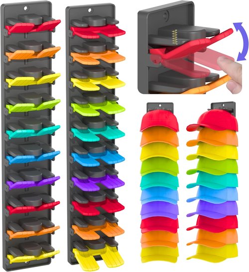 Hat Organizer | Skiennix Baseball Cap Rack with Adjustable Storage - 2 Pack Wall Mount Holder