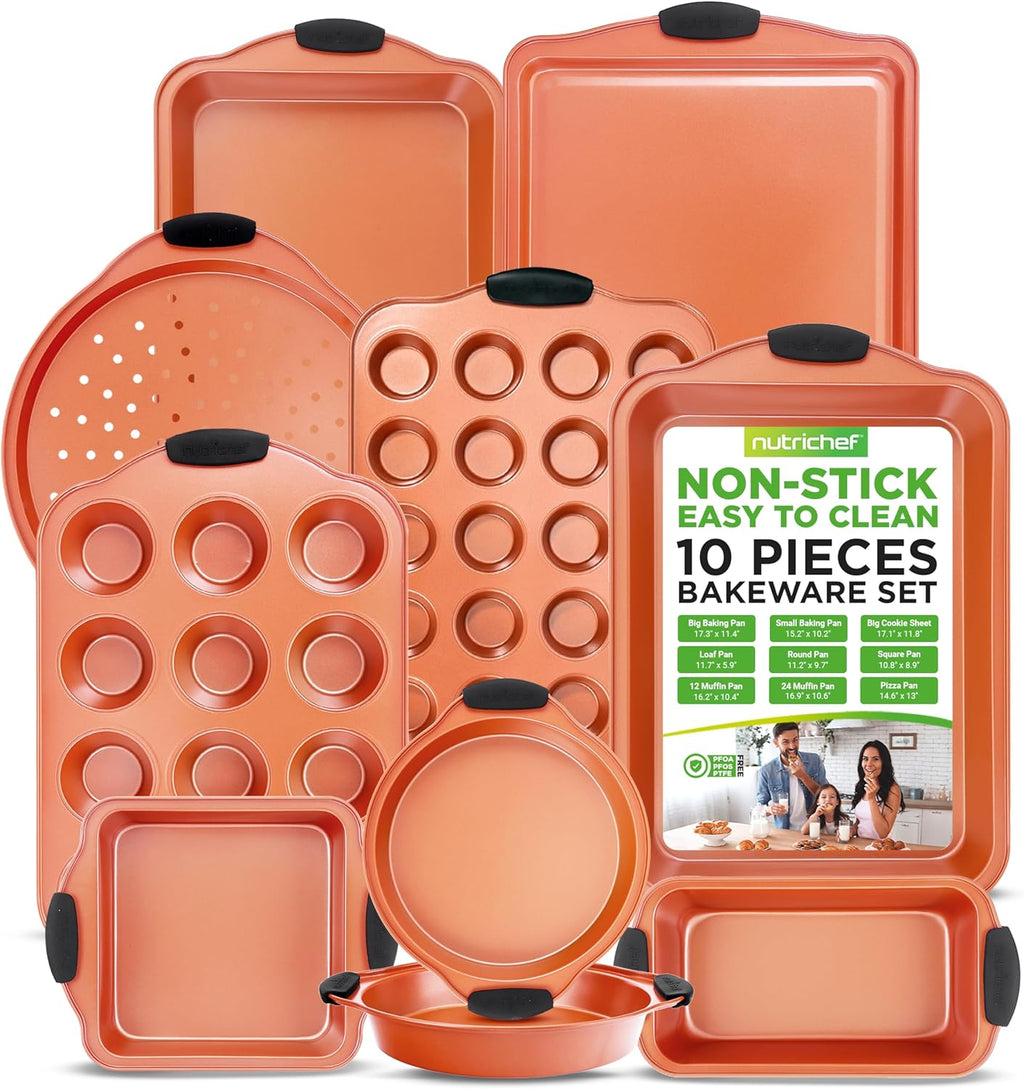 NutriChef 10-Piece Nonstick Baking Pans Set - Versatile Bakeware for Cookies, Cakes & Roasting | Includes Cookie Sheet, Muffin Pan, Cake Pan & Pizza Pans