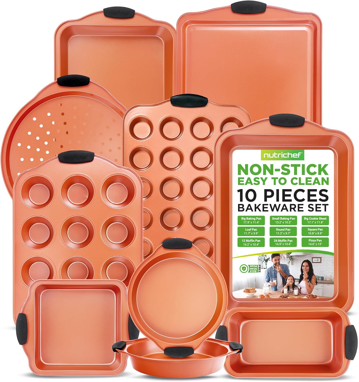 NutriChef 10-Piece Nonstick Baking Pans Set - Versatile Bakeware for Cookies, Cakes & Roasting | Includes Cookie Sheet, Muffin Pan, Cake Pan & Pizza Pans