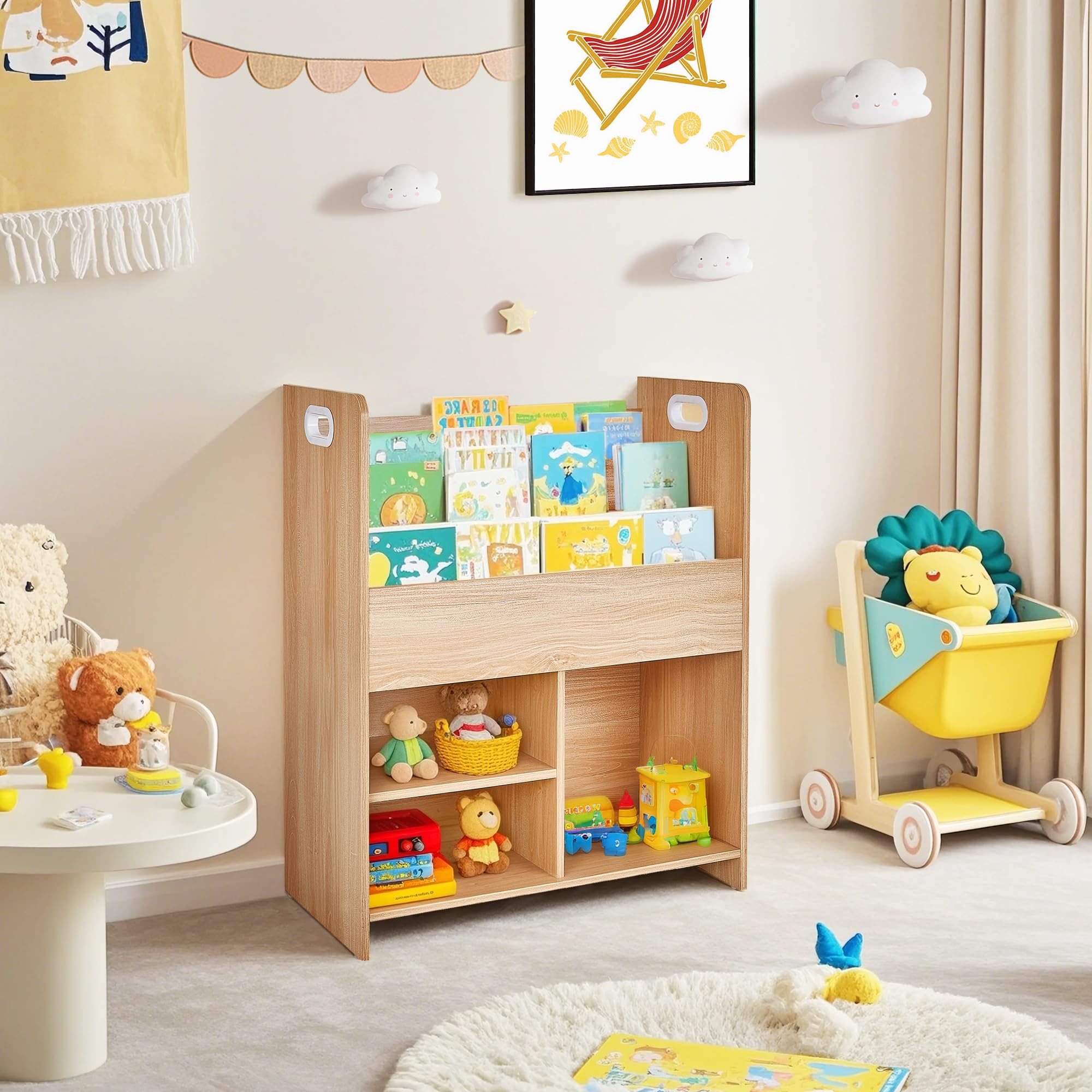 VECELO Kids Bookshelf with Toy Storage - Wooden Nursery Organizer for Books & Toys, Easy Assembly Playroom Shelf (Teak)