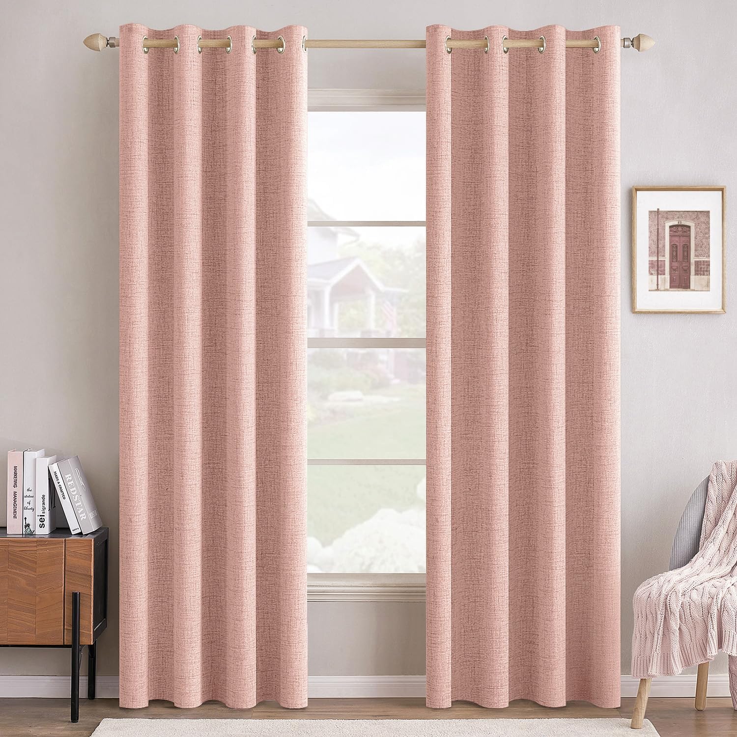 MIULEE 100% Blackout Linen Curtains - Thermal Insulated Blush Pink Drapes | 52 x 72 Inch (2 Panels)