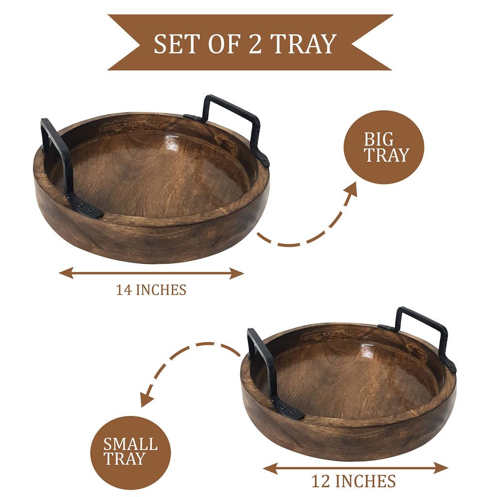Set of 2 Round Wooden Serving Trays with Handles – Handcrafted Rustic Brown Trays for Kitchen, Dining, Coffee Table & Home Decor Antique Style Organizer Platters