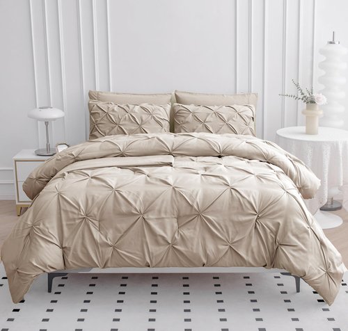 Queen Size Comforter Set - 7 Piece HotelQuality, Queen Bed in a Bag Comforter - Premium Soft-Touch Microfiber - Pintuck-Stitch Bedding Collection - All-Season Bed Set with Easy Care Comforters - Beige