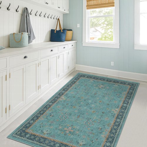 Hazo Haus Teal Non-Slip Kitchen Rug | Washable 3x6 Vintage Floral Indoor Runner