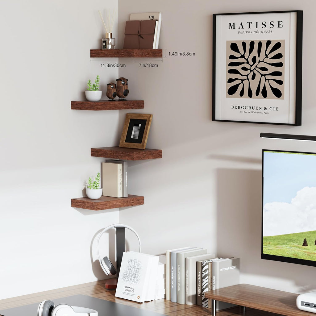 Modern Wooden Floating Shelves by [Brand Name] - Stylish Wall-Mounted Storage | Set of 2, 12x7x1.5 in (Walnut-Like)