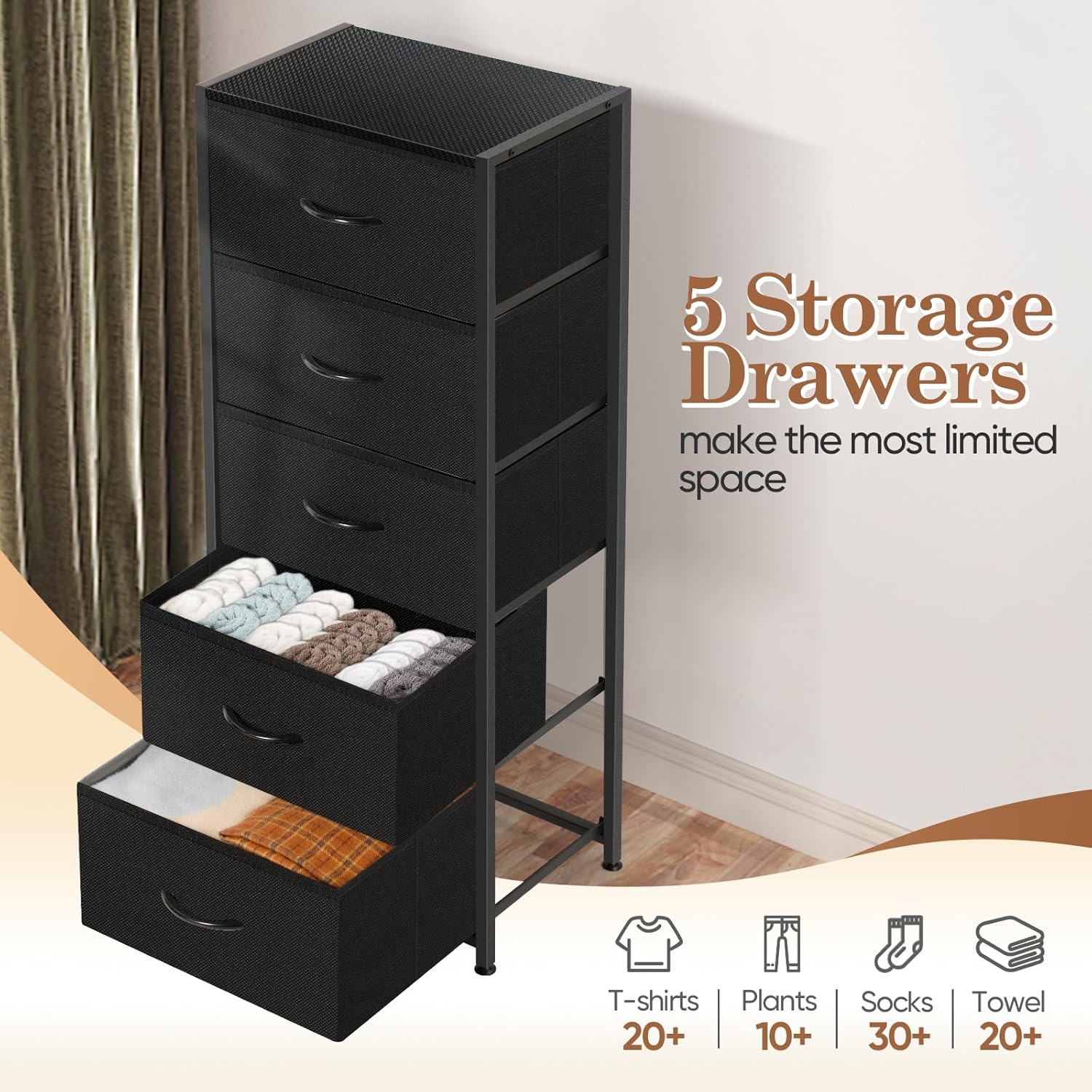 MOOACE 5-Drawer Dresser - Tall Fabric Storage Unit with Wooden Top - Black Metal Frame for Bedroom & Living Room