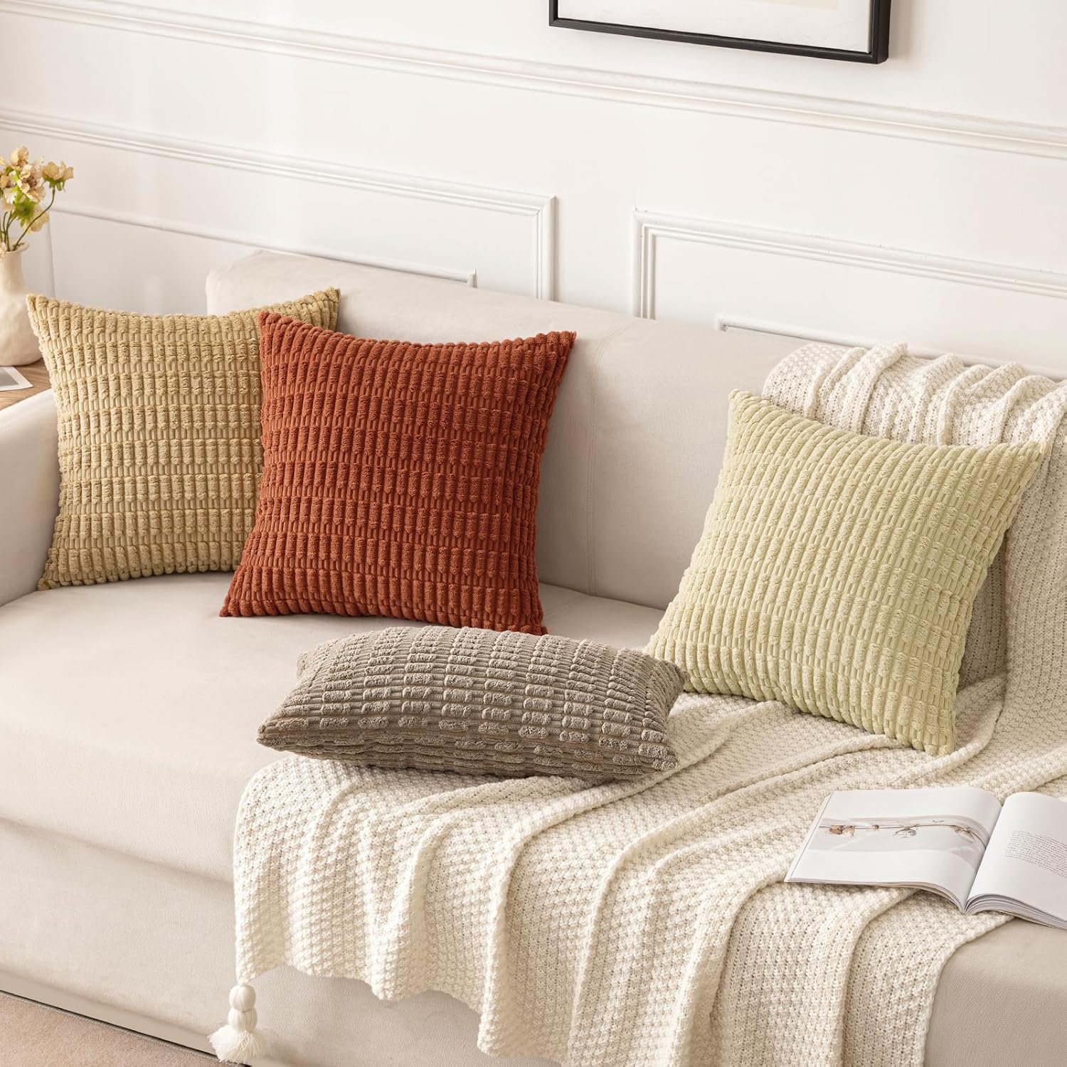 MIULEE Decorative Pillow Covers - Soft Dark Rust Corduroy | Pack of 2, 20x20 Inch, Boho Striped Design for Modern Farmhouse Decor