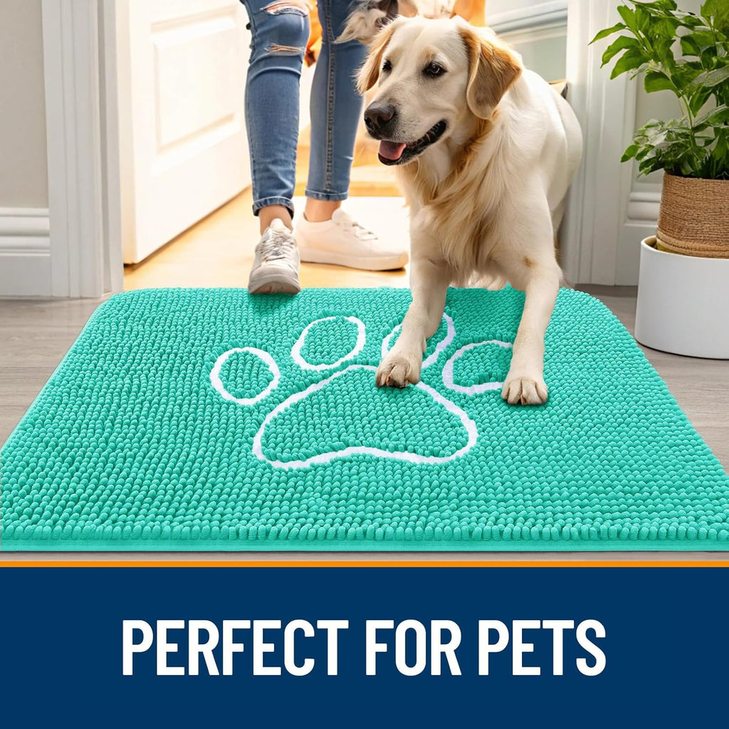 OLANLY Dog Door Mat - Absorbent Non-Slip Mud Mat for Paws | 48x30 Teal Chenille Design
