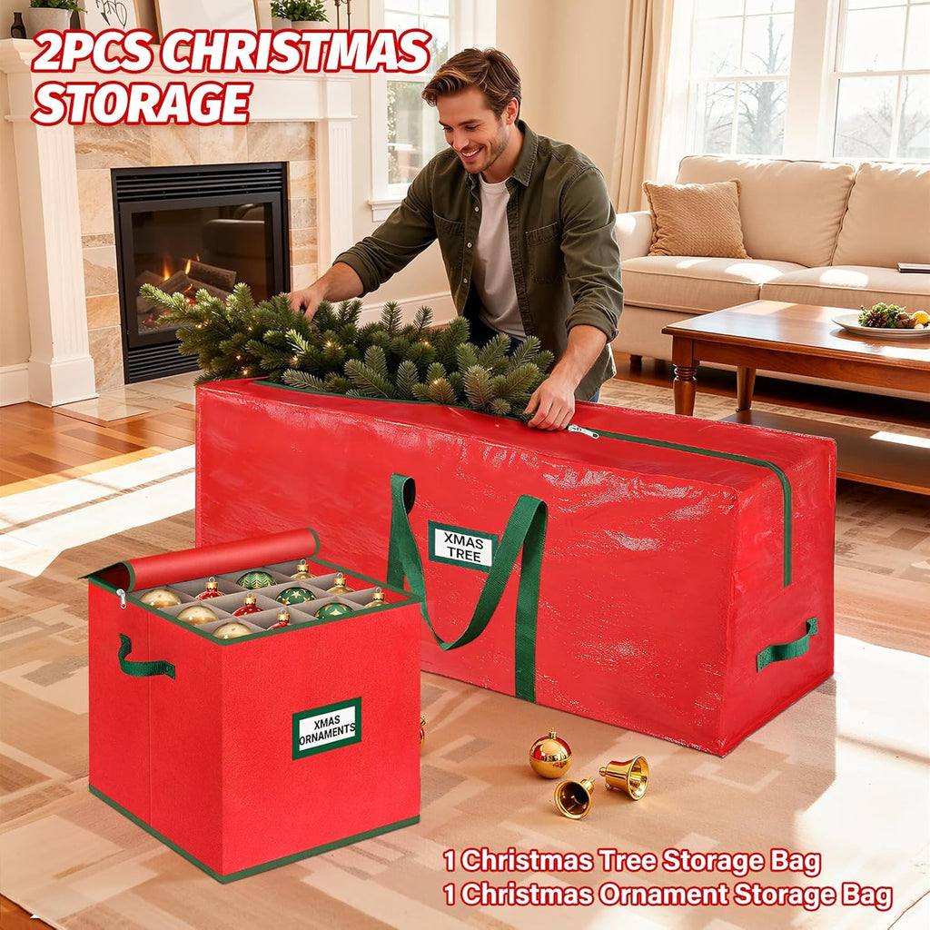 StorageRight Christmas Tree Bag & Ornament Storage Box Set - Water-Resistant 7.5 Ft Tree Storage & 64-Compartment Organizer in Red