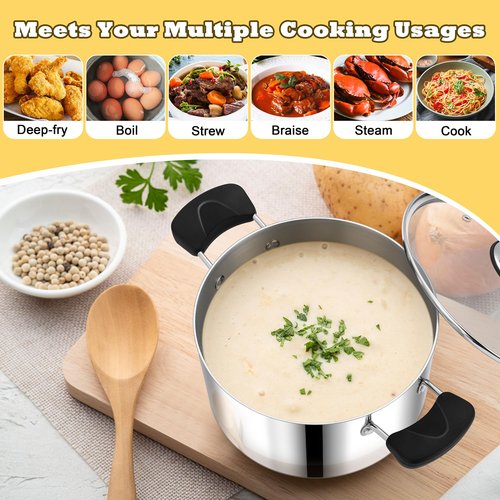 4 Quart 3-Ply Cooking Stock Pot with Lid, P&P CHEF Stainless Steel Large Pot for Pasta Soup, Work on Multi Stove, Heavy Duty & Dishwasher Safe, Dual Heat-resistant Handles & Transparent Glass Lid