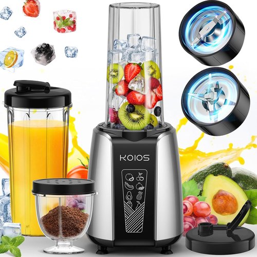 KOIOS Smoothie Blender - Powerful 1000W Personal Blender for Shakes & Smoothies | Includes 12-Piece Coffee Grinder Set & 2x22 oz To-Go Cups, Non-BPA