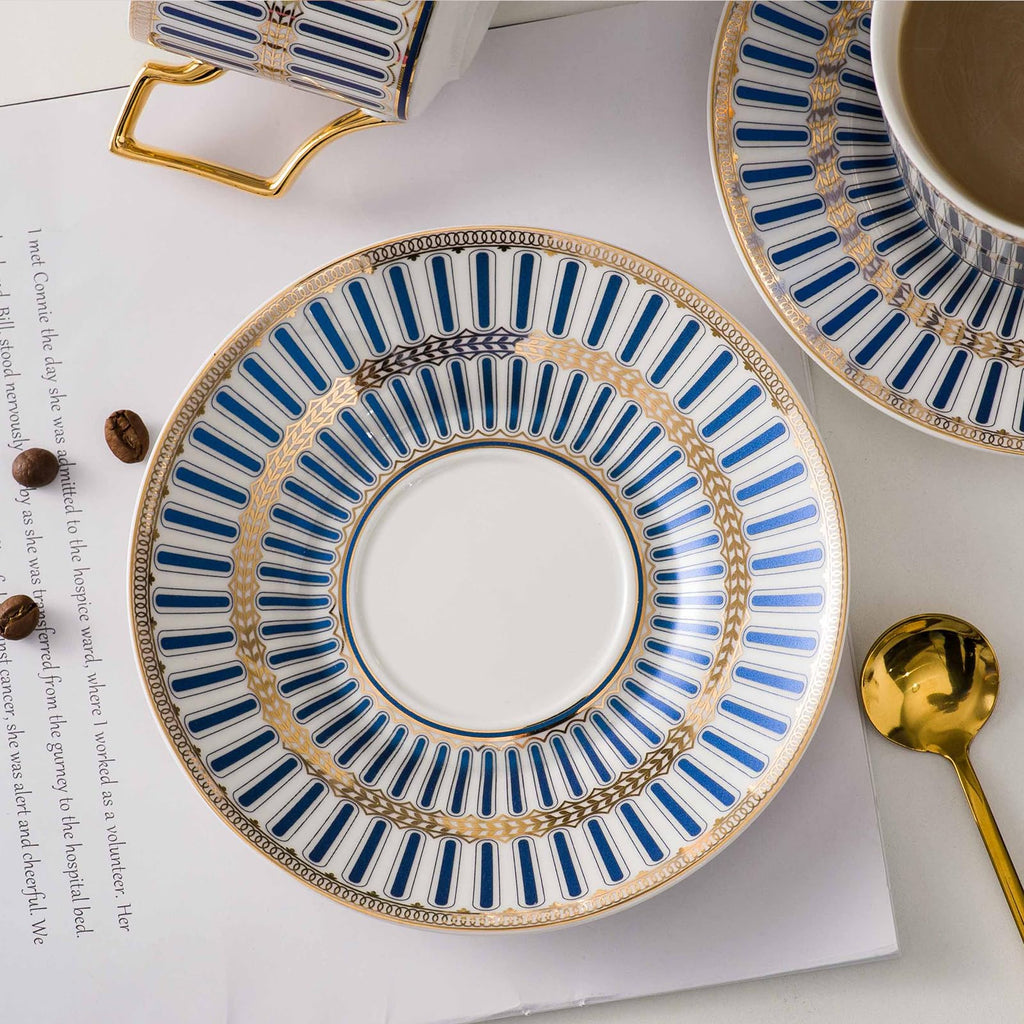 CwlwGO-Ceramic Coffe Cups and Saucer Sets,British Bone China Blue Gold Tea Cup and Saucers Service for 4,Gifts Box, China Tea Set, Tea Sets for Women and Adults.