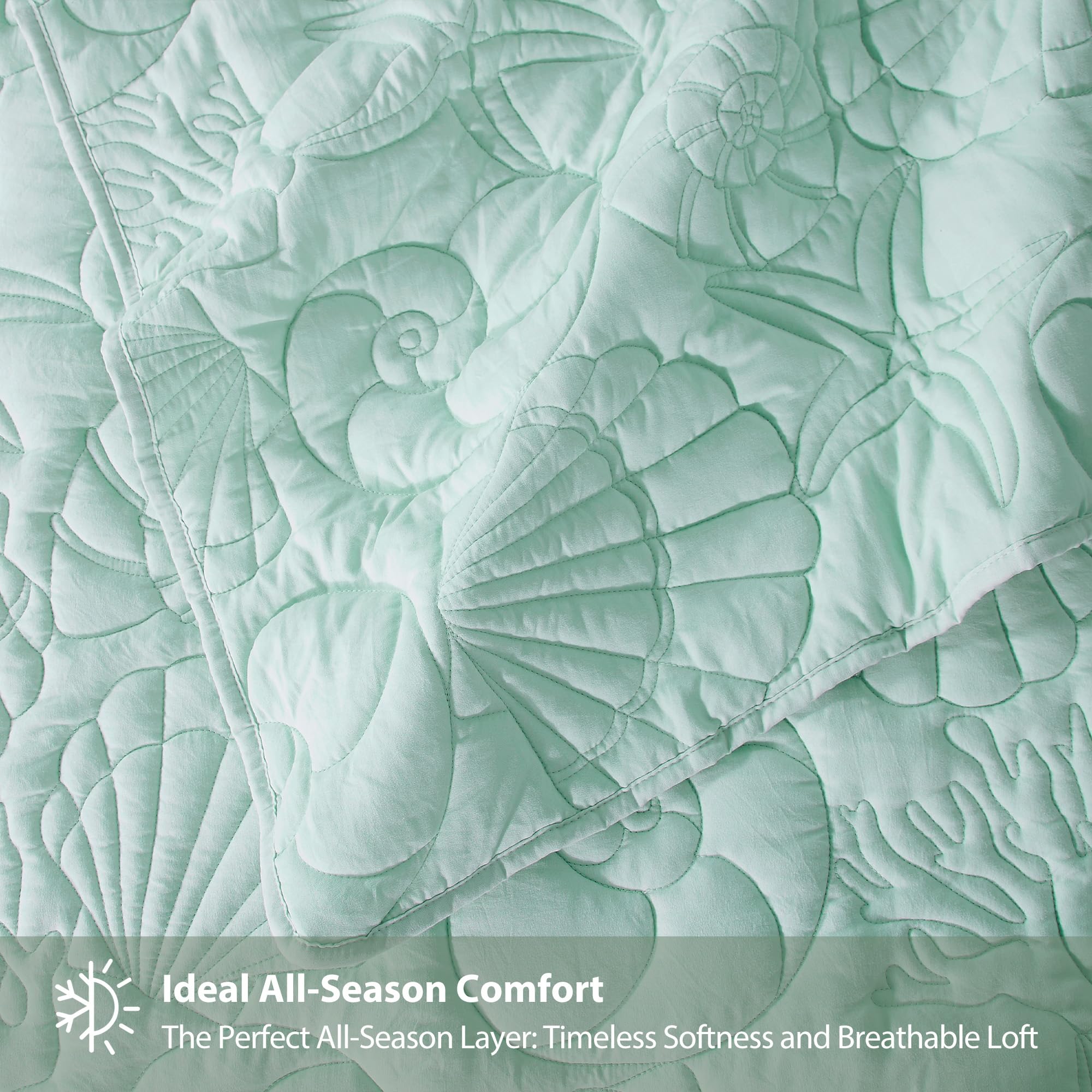 WDCOZY Coastal Beach Queen Size Quilt Bedding Sets, Seafoam Green Nautical Tropical Ocean Bedspread, Scallop Seashell Soft Coverlet, Lightweight Summer Thin Comforter for All Season