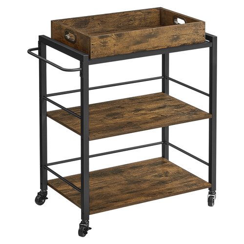 VASAGLE Kitchen Serving Cart with Removable Tray, 3-Tier Kitchen Utility Cart on Wheels with Storage, with Brakes, Leveling Feet, 15.7 x 28.3 x 33.9 Inches, Rustic Brown and Black ULRC72X