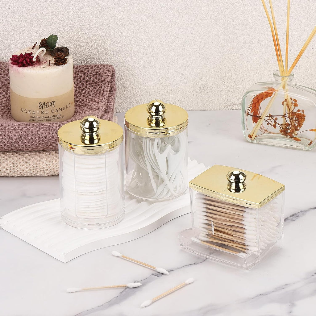Tbestmax Q-Tips Dispenser | 3-Pack Bathroom Organizer - Plastic Apothecary Jars with Gold Lids