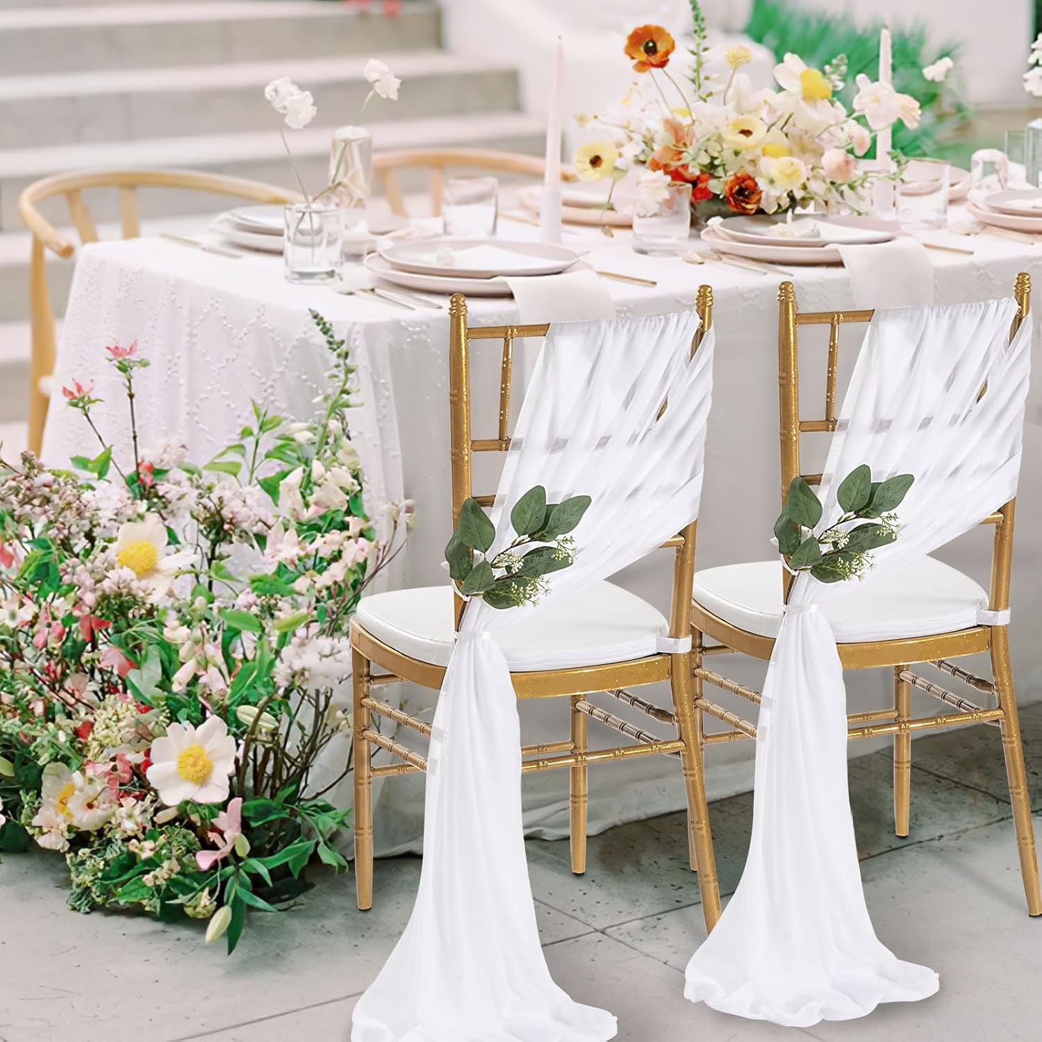 QueenDream Chair Sashes - 24 Packs of 8ft Long Sheer White Draping Fabric for Wedding & Party Decor