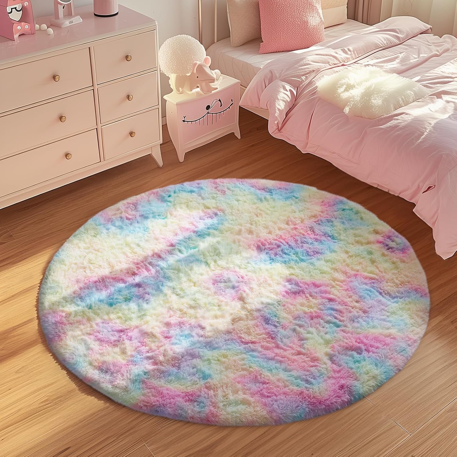 Ophanie Round Area Rug - Colorful 4Ft Rainbow Unicorn Design | Soft Plush Carpet for Kids' Rooms