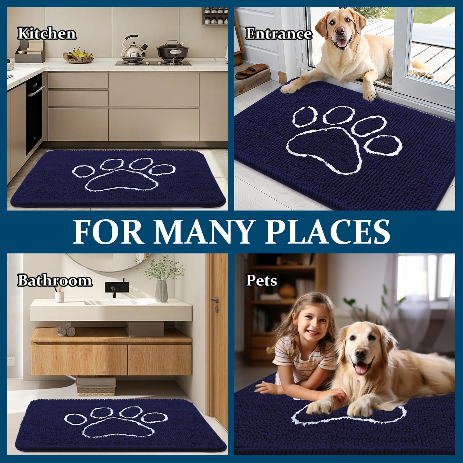 OLANLY Dog Door Mat - Absorbent Non-Slip Mud Mat for Paws | 36x24 Navy Blue Chenille Design