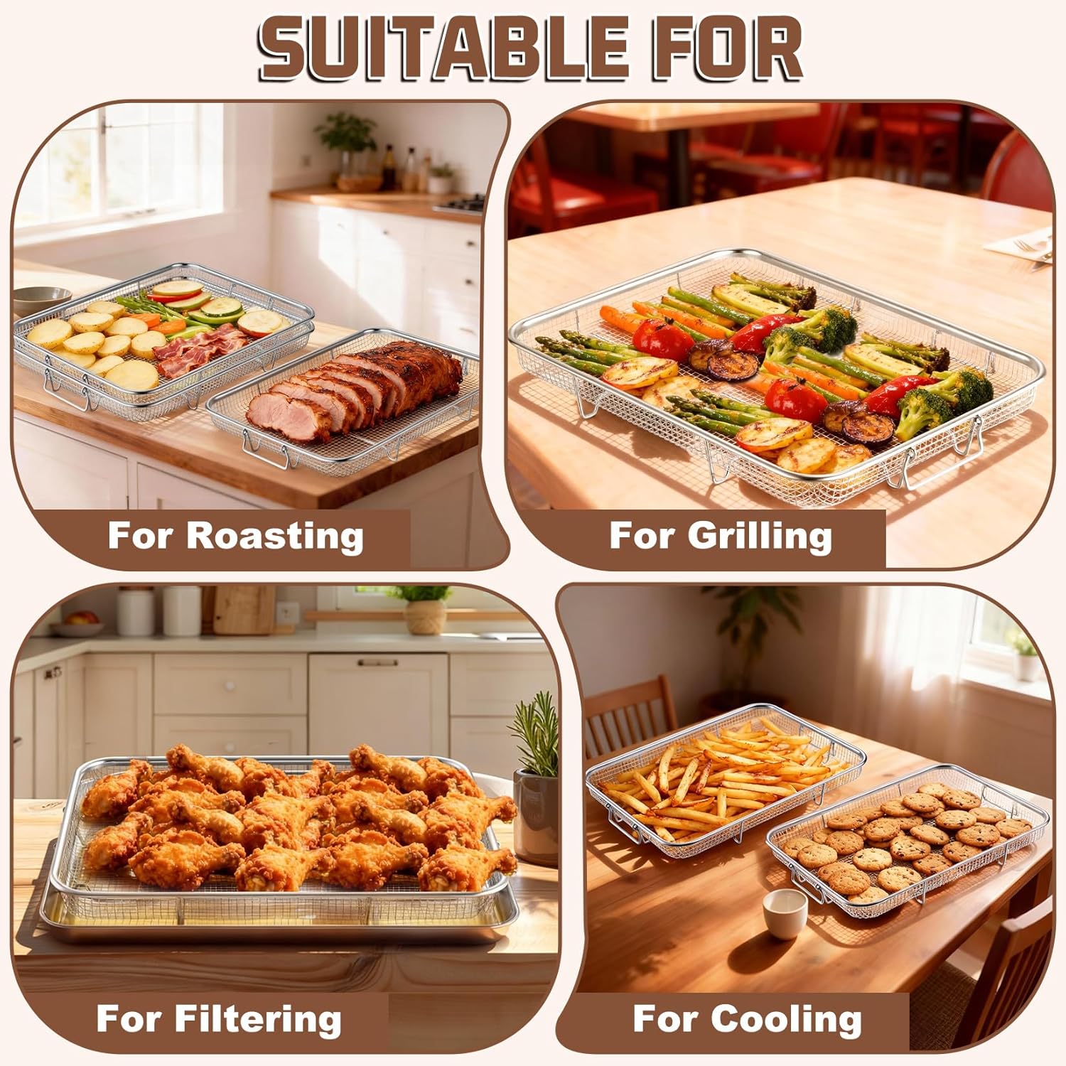 P&P CHEF Air Fryer Basket Set - 15.4 Inch Stainless Steel Racks for Baking & Roasting | Non-Toxic & Dishwasher Safe